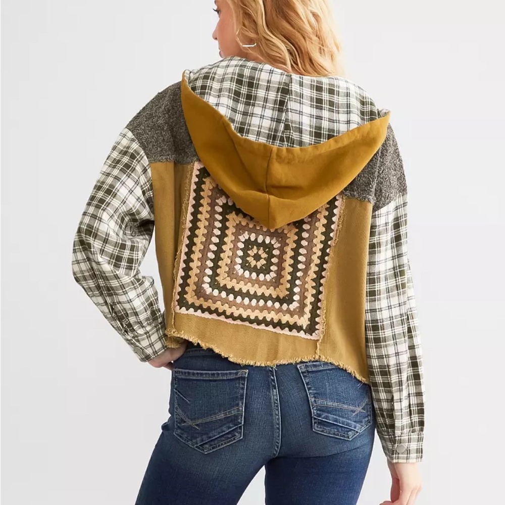 Pieced Plaid Hooded Shacket Size Small